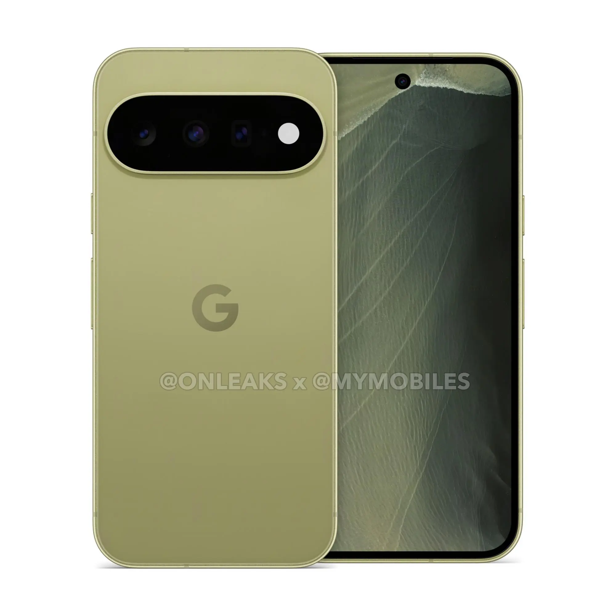 Google Pixel 11 in Green, leaked press render, front and back