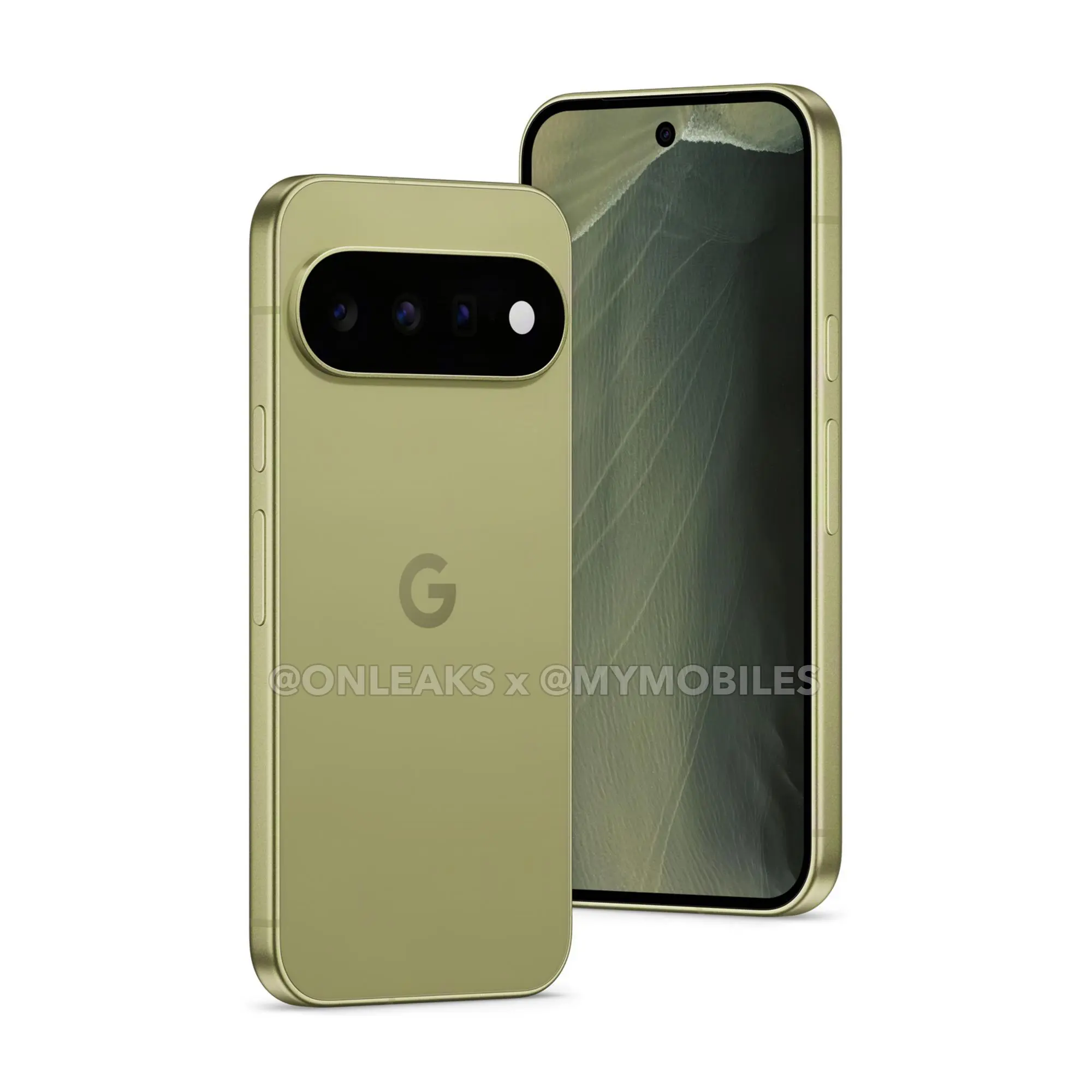 Google Pixel 11 in Green, leaked press render, rear three-quarter view
