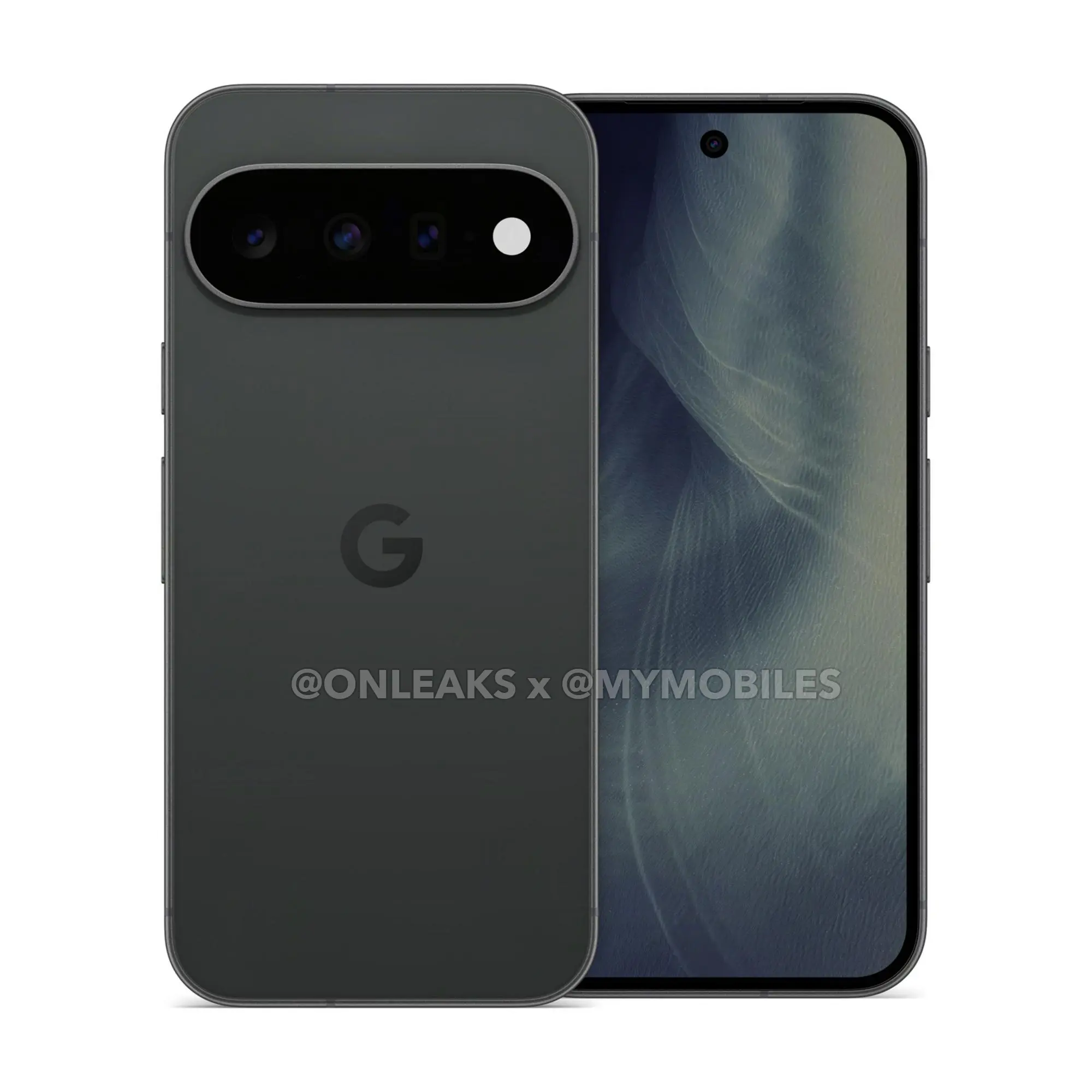 Google Pixel 11 in Midnight, leaked press render, front and back