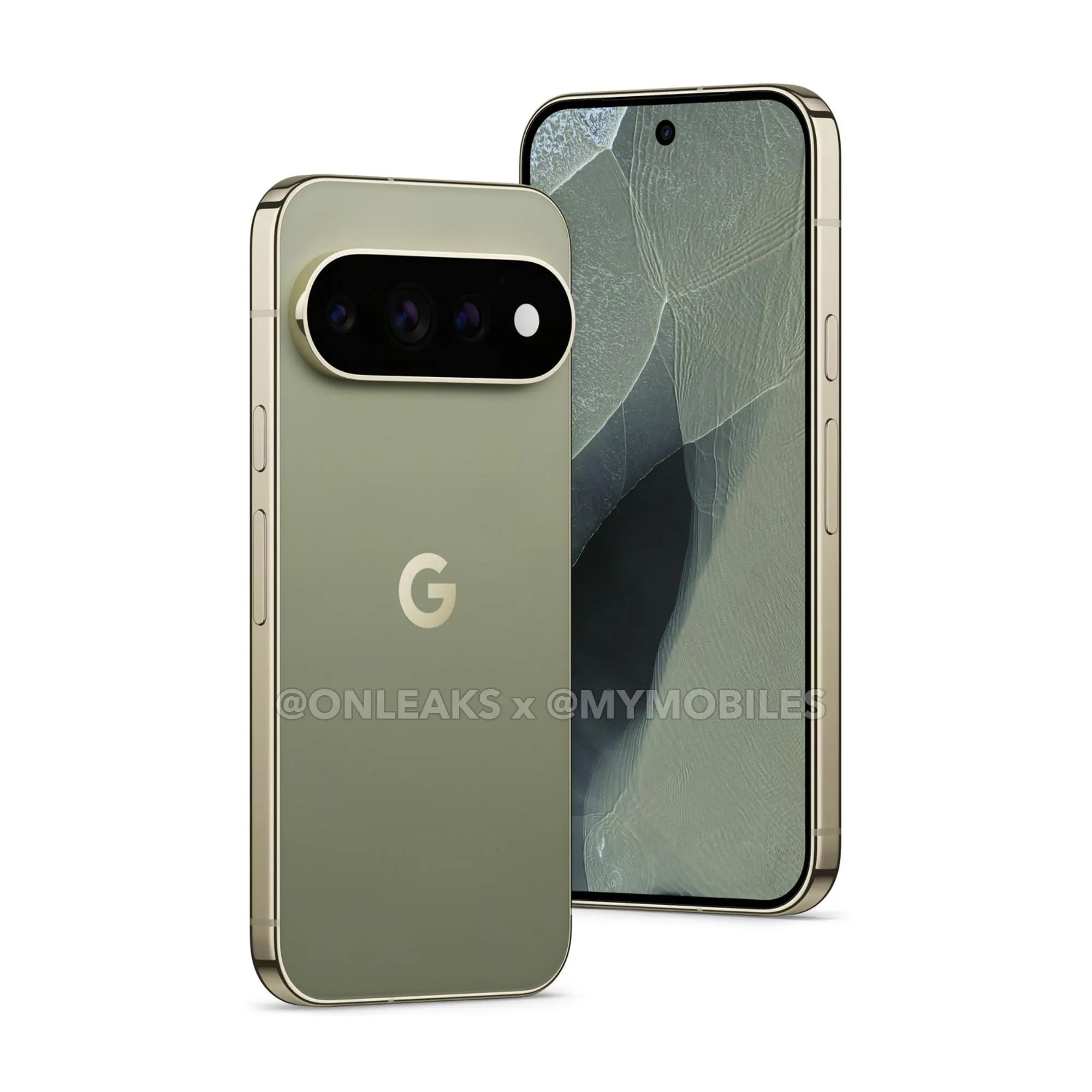 Google Pixel 11 Pro in Green, leaked press render, rear three-quarter view