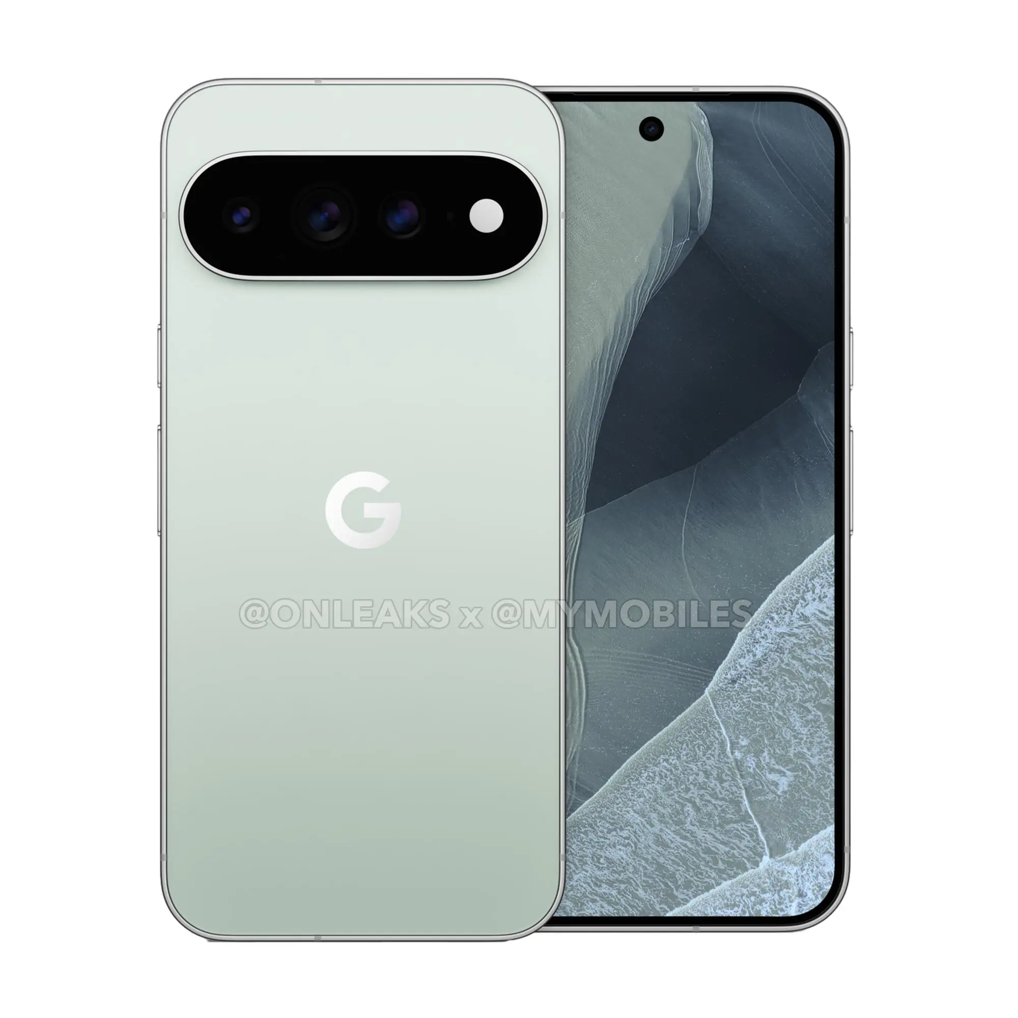 Google Pixel 11 Pro in Light Green, leaked press render, front and back