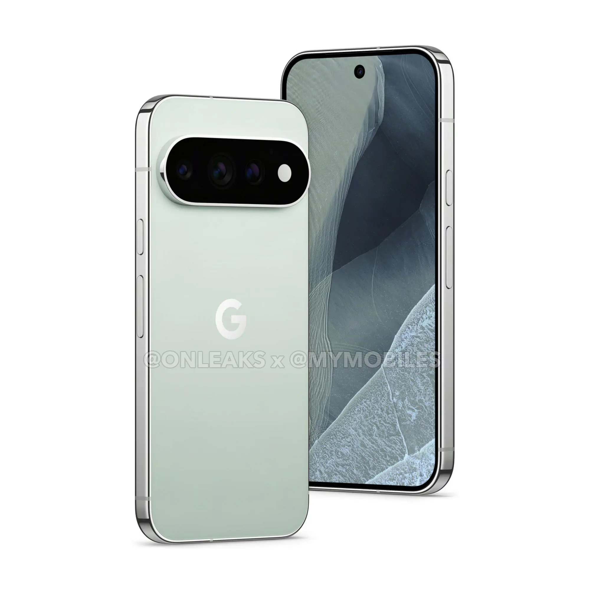 Google Pixel 11 Pro in Light Green, leaked press render, rear three-quarter view