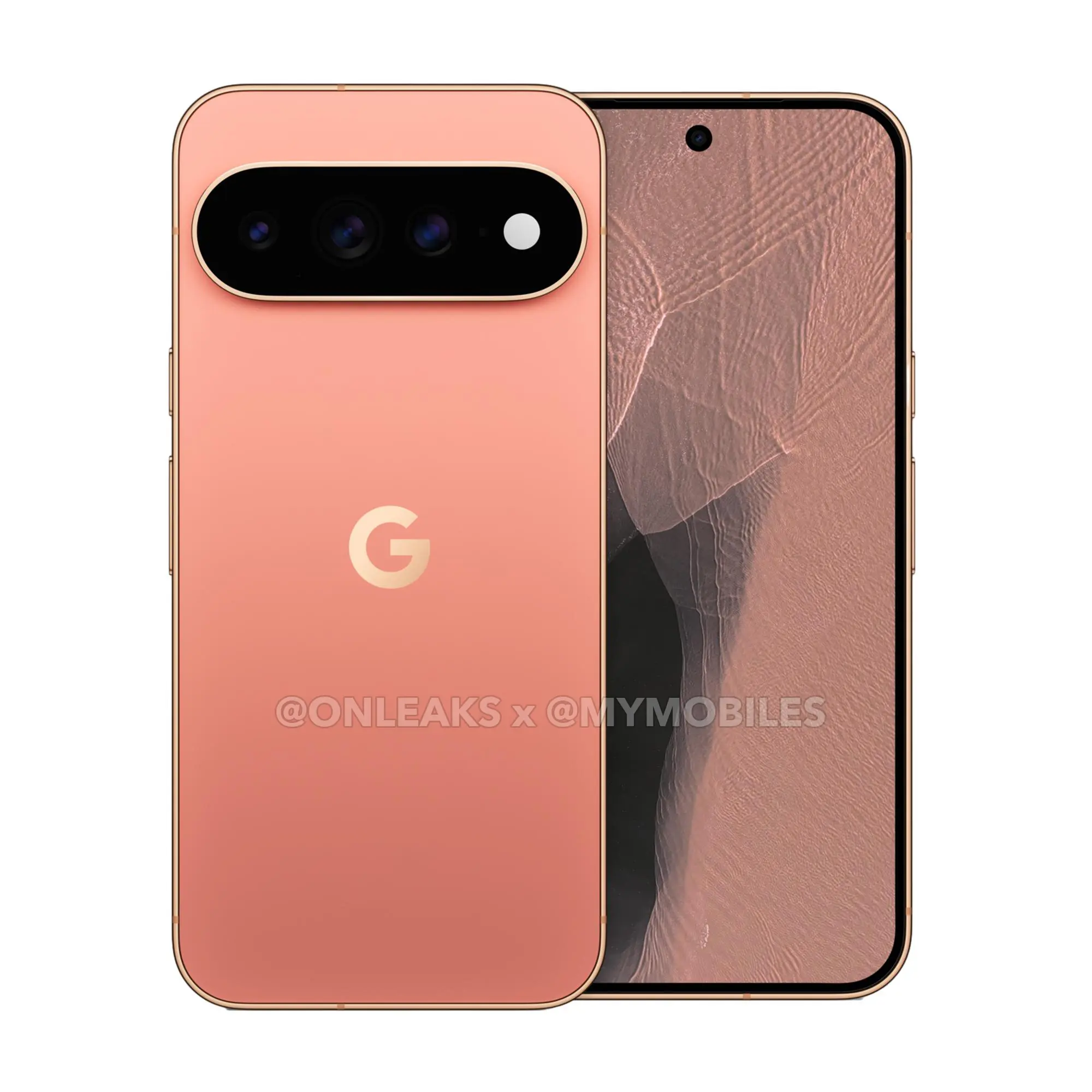 Google Pixel 11 Pro in Dune (coral-copper), leaked press render, front and back