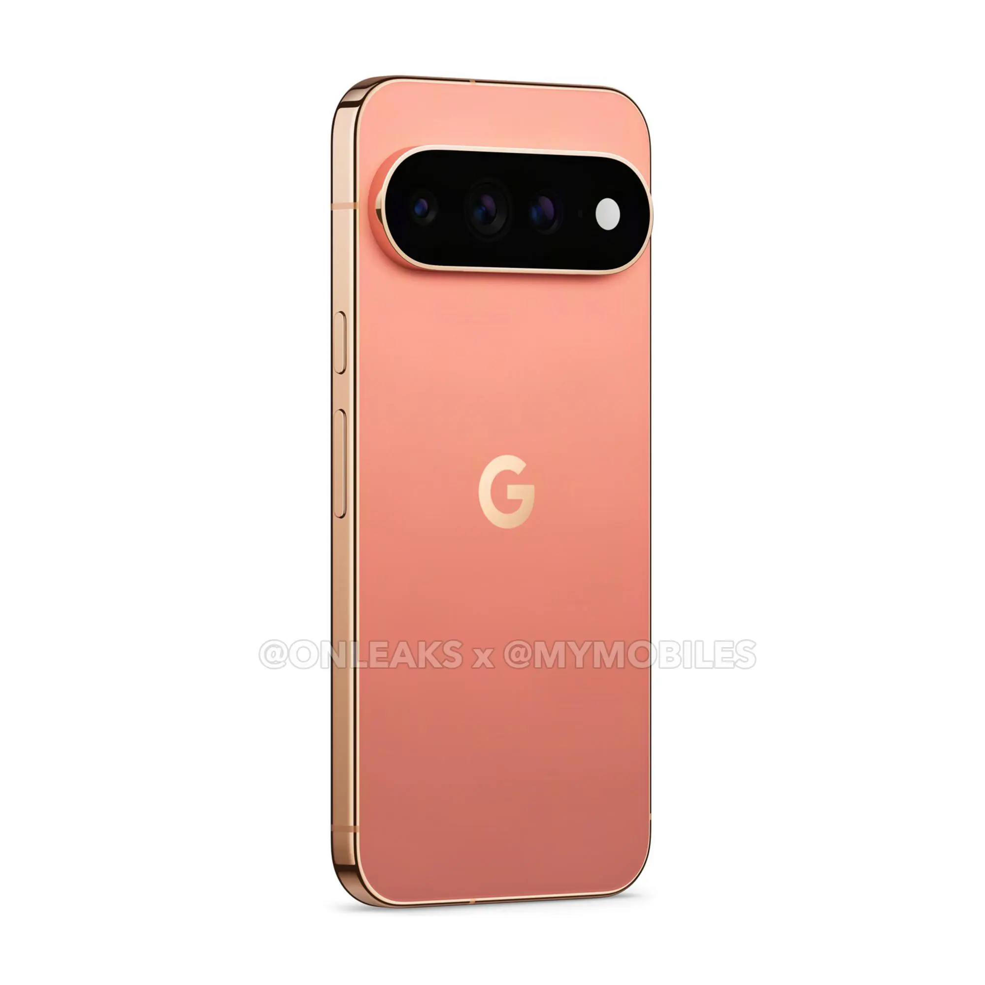 Google Pixel 11 Pro in Dune (coral-copper), leaked press render, rear three-quarter view