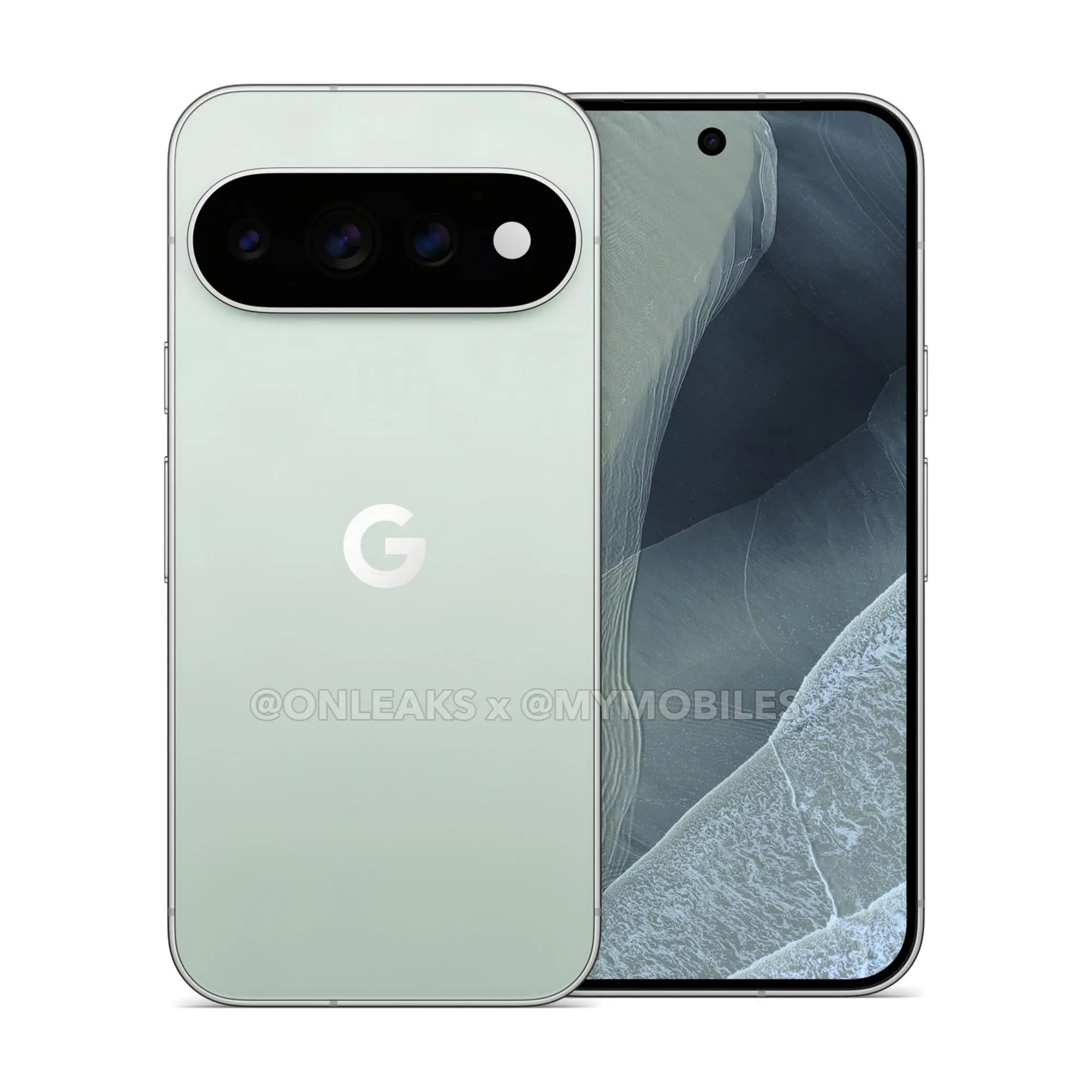 Google Pixel 11 Pro XL in Light Green, leaked press render, front and back