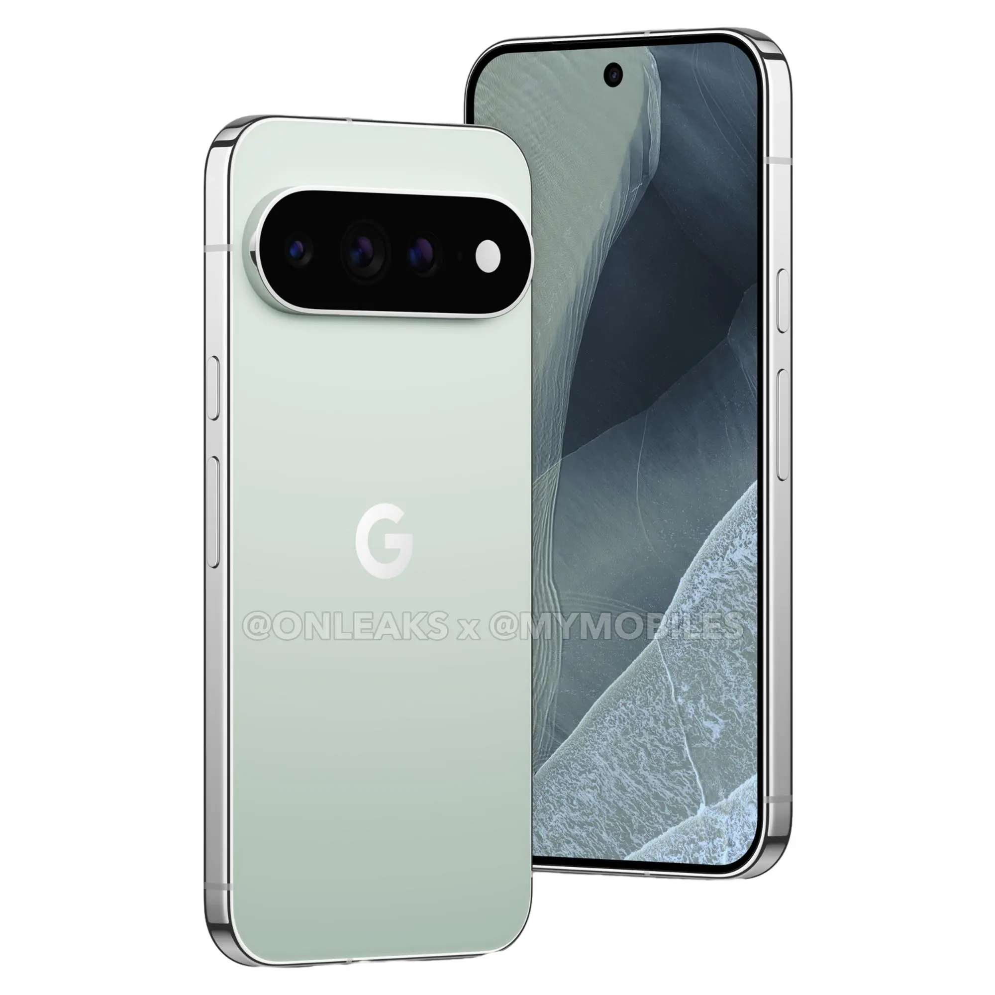 Google Pixel 11 Pro XL in Light Green, leaked press render, rear three-quarter view