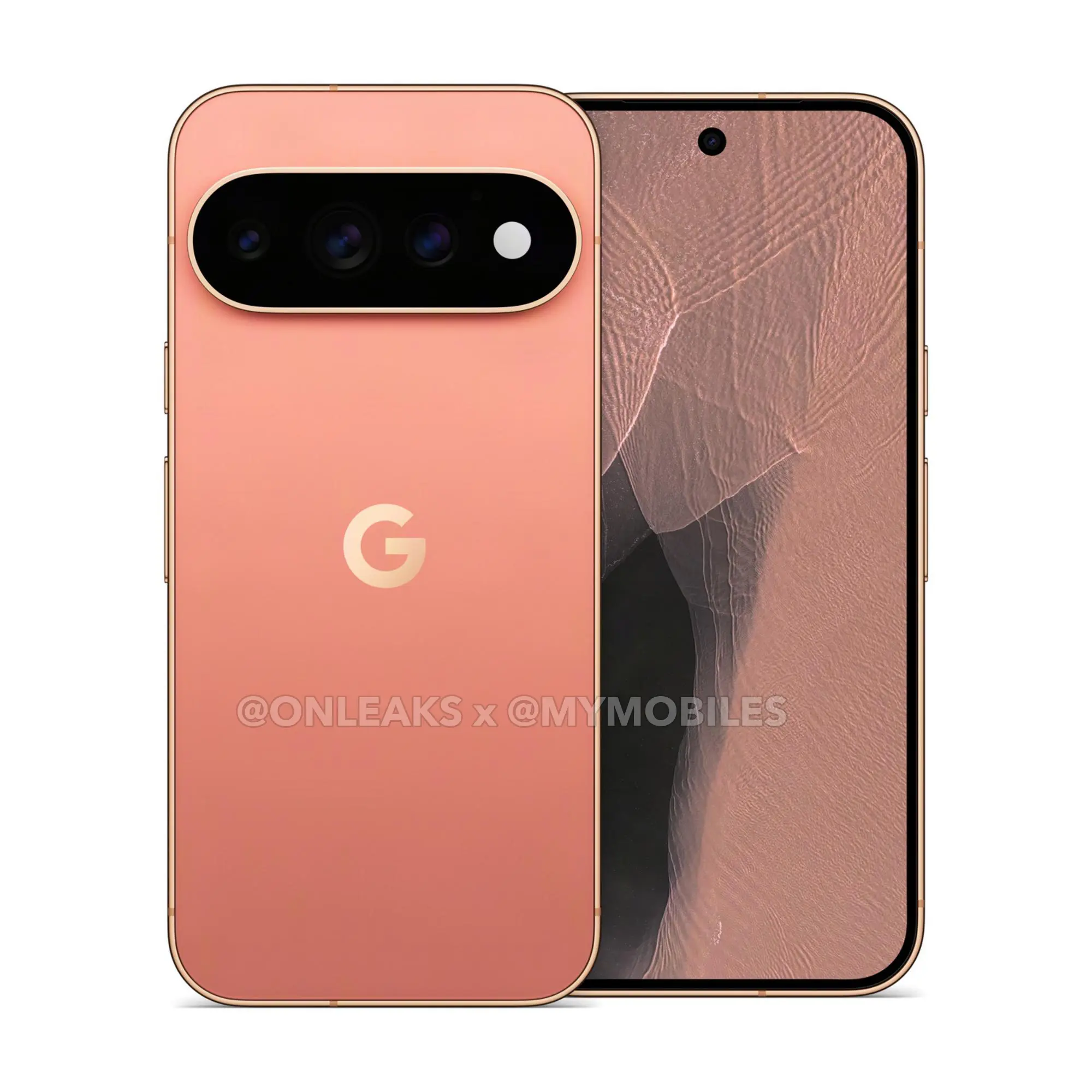 Google Pixel 11 Pro XL in Dune (coral-copper), leaked press render, front and back