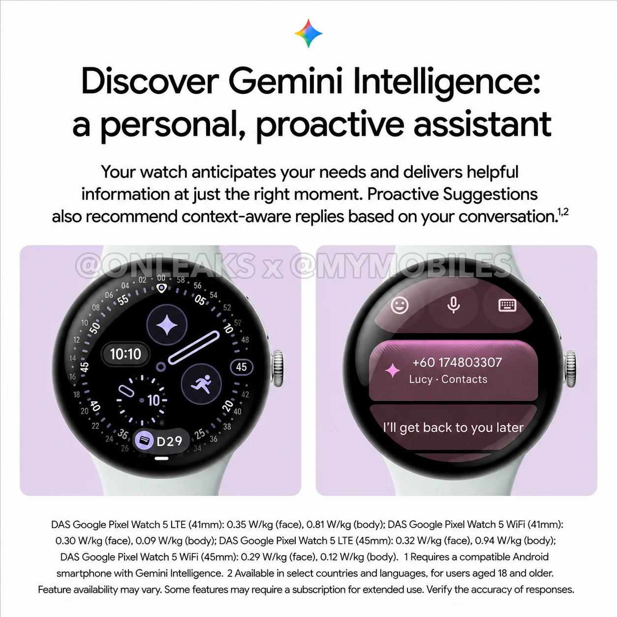 Google Pixel Watch 5 marketing slide showing Gemini Intelligence on a Polished Silver watch with a Mist band