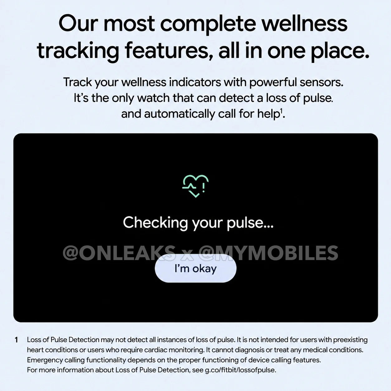 Google Pixel Watch 5 slide showing Loss of Pulse Detection checking the wearer's pulse