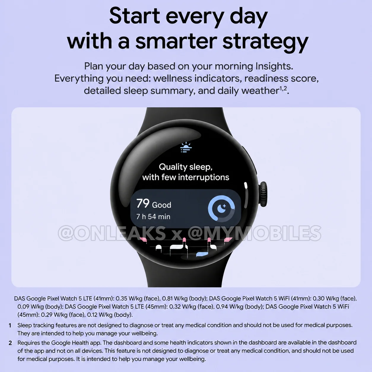 Google Pixel Watch 5 slide showing a morning Insights screen with a sleep score of 79