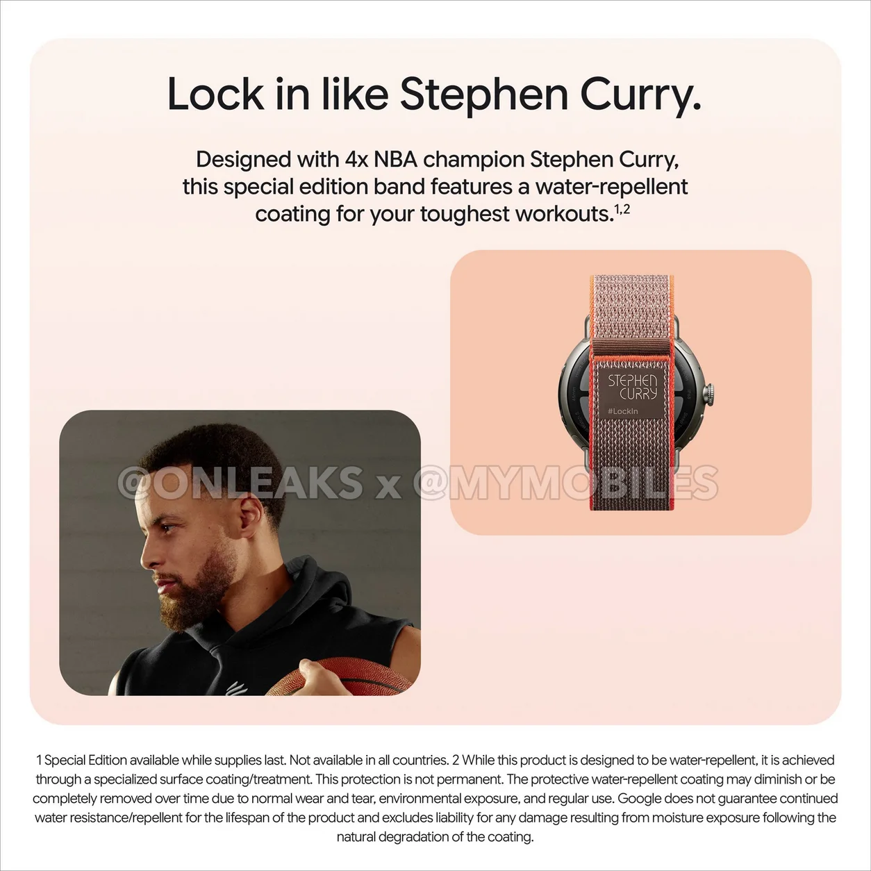 Google marketing slide headed Lock in like Stephen Curry, showing the Pixel Watch 5 case back engraved STEPHEN CURRY and #LockIn