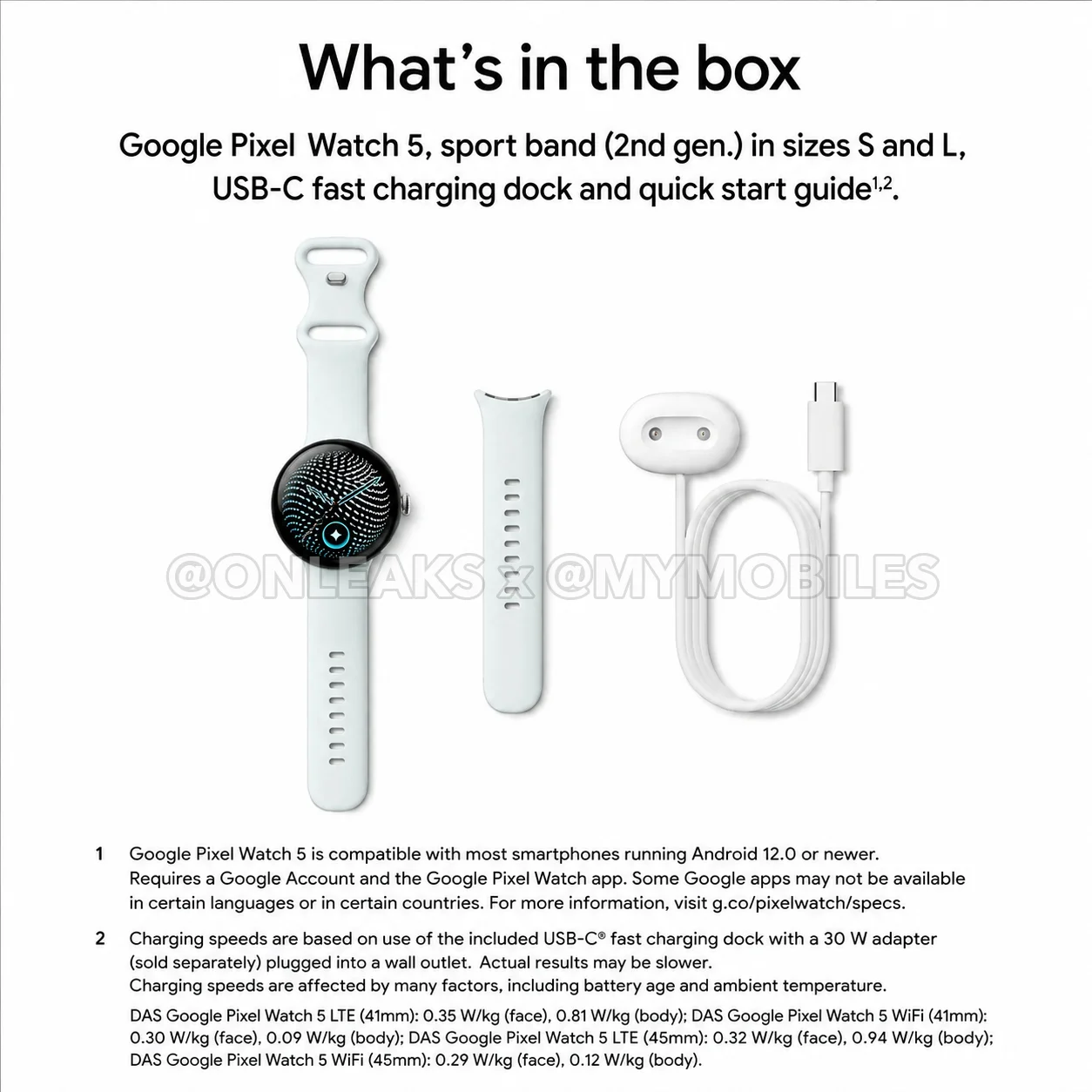 Google Pixel Watch 5 box contents: the watch, a spare sport band, and the USB-C fast charging dock