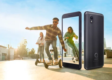 Alcatel 1 (2021) in black, hero shot showing front and back