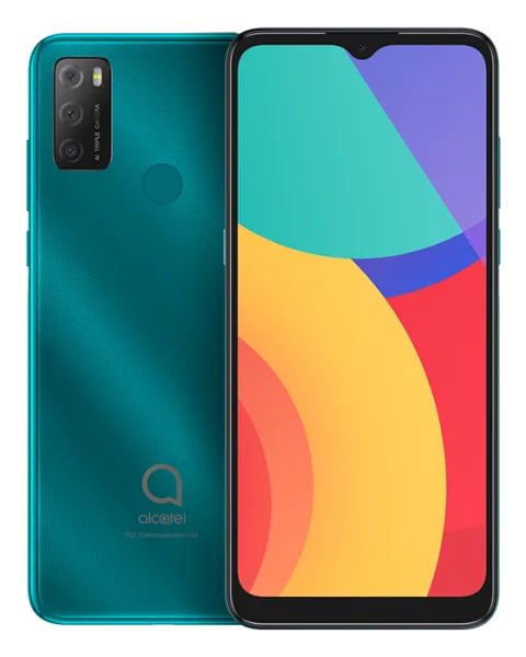 Alcatel 1S (2021) in green, front and back composite