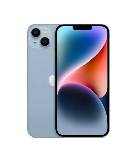 Apple iPhone 14 Plus in blue, front and back view