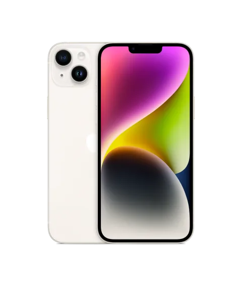 Apple iPhone 14 Plus in starlight, front and back view