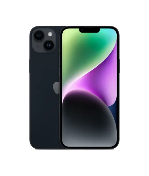 Apple iPhone 14 Plus in midnight, front and back view