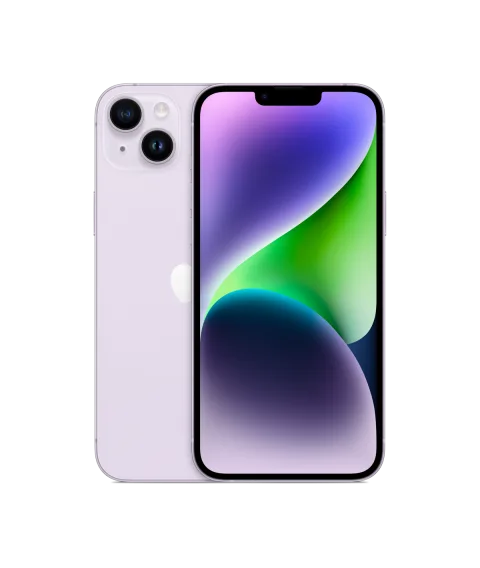 Apple iPhone 14 Plus in purple, front and back view