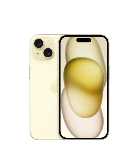 Apple iPhone 15 in Yellow, front and back view