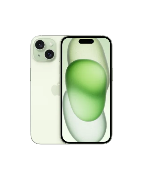 Apple iPhone 15 in Green, front and back view