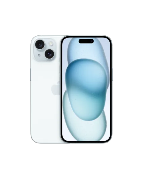 Apple iPhone 15 in Blue, front and back view