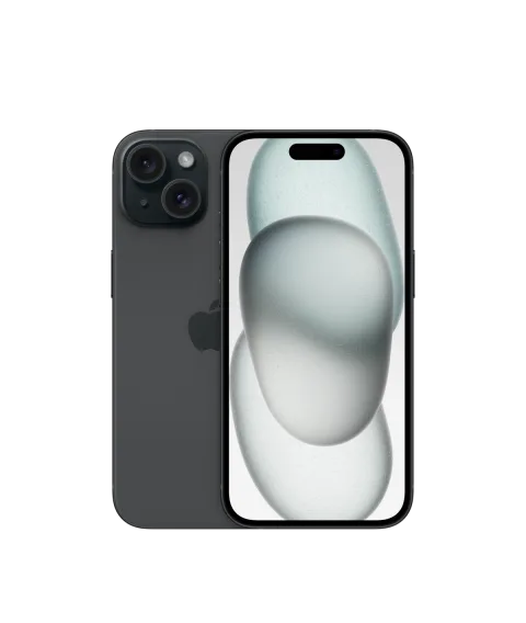 Apple iPhone 15 in Black, front and back view