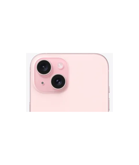 Close-up of the dual-camera system on the Apple iPhone 15 in Pink