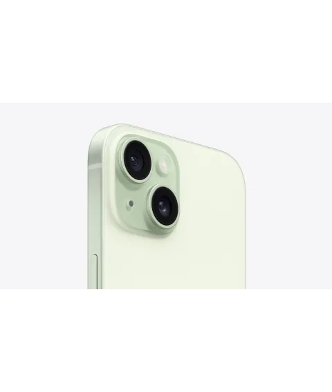 Angled close-up of the camera bump on the Apple iPhone 15 in Green