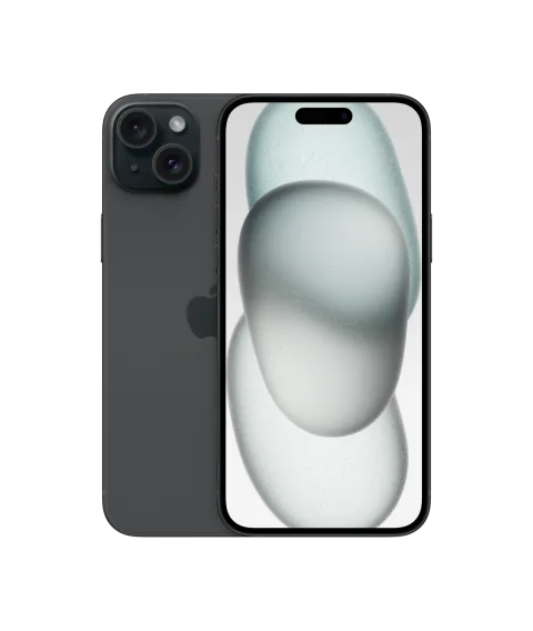 Apple iPhone 15 Plus in black, front and back view
