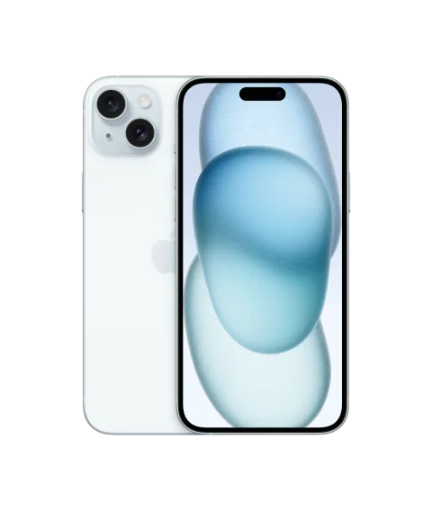Apple iPhone 15 Plus in blue, front and back view