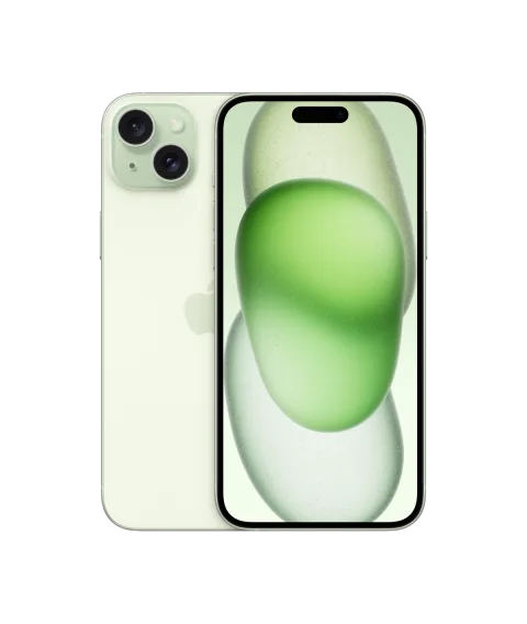 Apple iPhone 15 Plus in green, front and back view