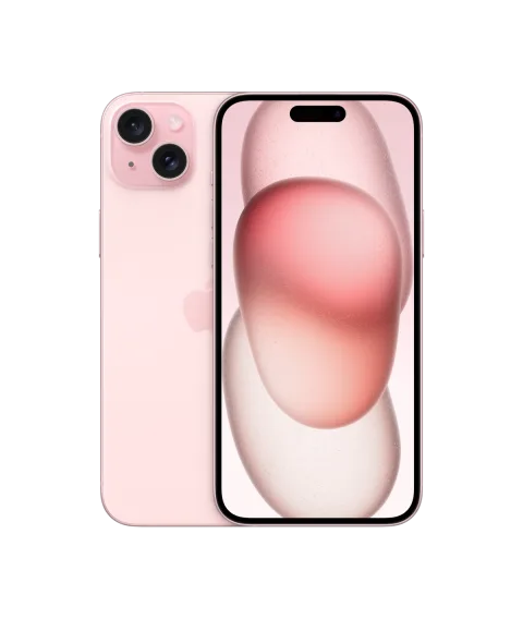 Apple iPhone 15 Plus in pink, front and back view