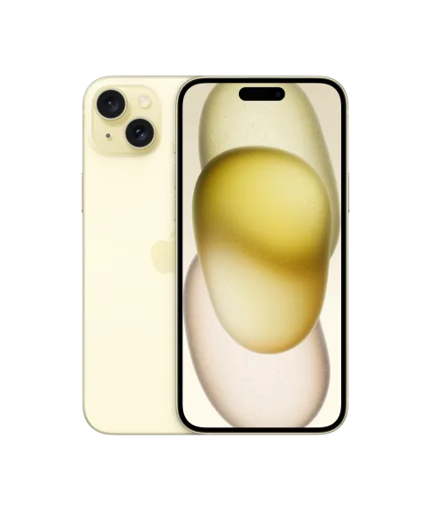 Apple iPhone 15 Plus in yellow, front and back view