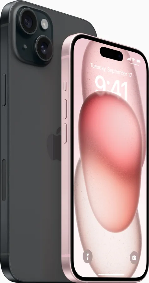 iPhone 15 Plus in black is shown from the back next to iPhone 15 in pink, which is shown from the front.