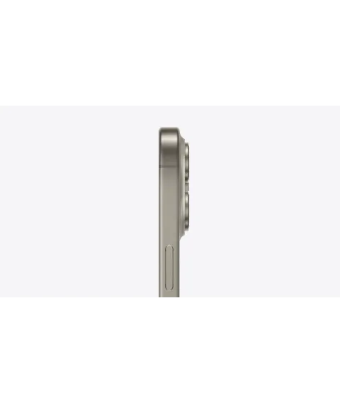 Side edge profile of the Apple iPhone 15 Pro in Natural Titanium showing the Action Button
