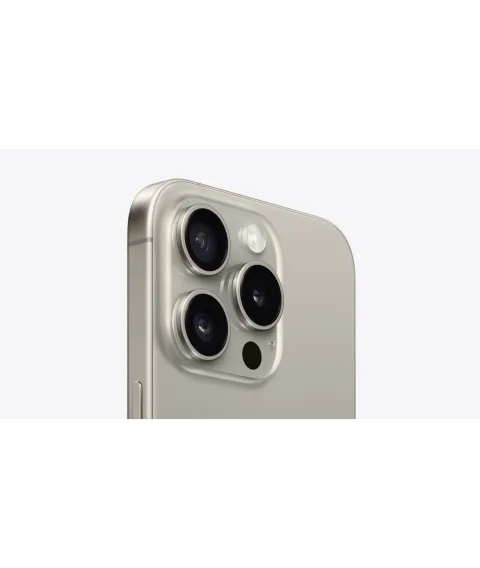 Angled close-up of the Pro camera system on the Apple iPhone 15 Pro in Natural Titanium