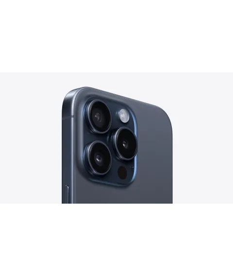Angled close-up of the Pro camera system on the Apple iPhone 15 Pro in Blue Titanium