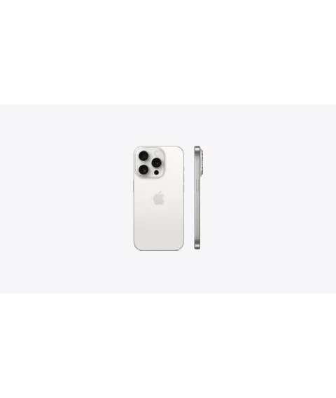 Apple iPhone 15 Pro in White Titanium shown from the back and the side edge