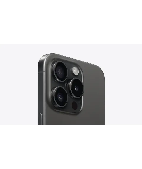 Angled close-up of the Pro camera system on the Apple iPhone 15 Pro in Black Titanium