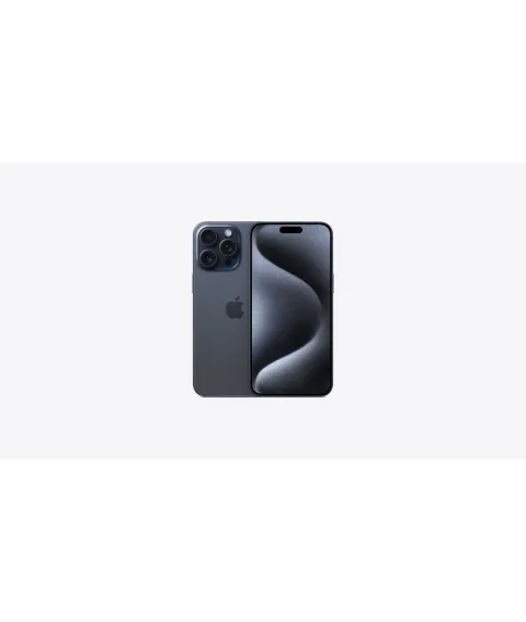 Apple iPhone 15 Pro Max in Blue Titanium, front and back view