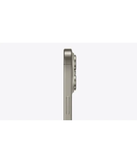 Side edge profile of the Apple iPhone 15 Pro Max in Natural Titanium showing the Action Button