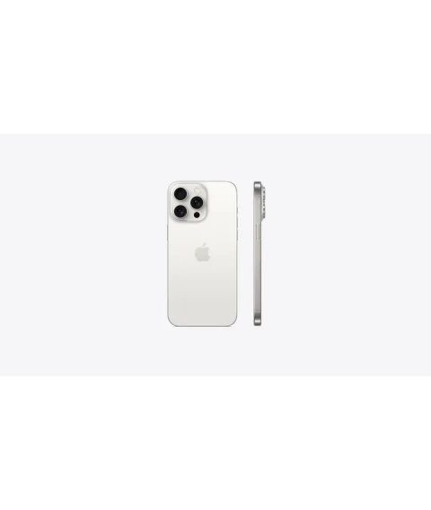 Apple iPhone 15 Pro Max in White Titanium shown from the back and the side edge