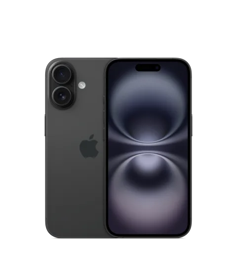 Apple iPhone 16 in Black, front and back view