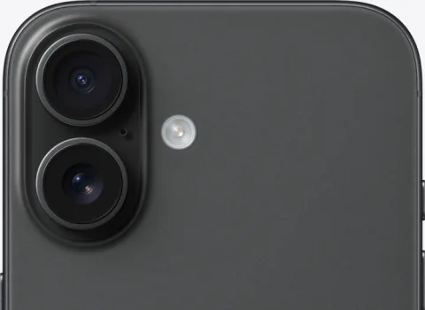 iPhone 16 in Black, rear camera detail angle