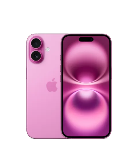 Apple iPhone 16 in Pink, front and back view