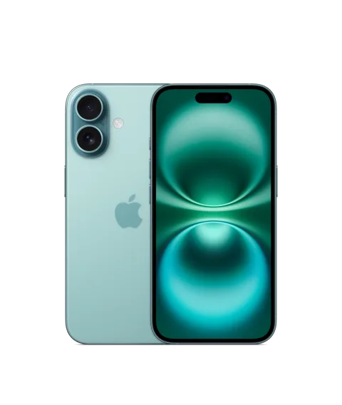 Apple iPhone 16 in Teal, front and back view