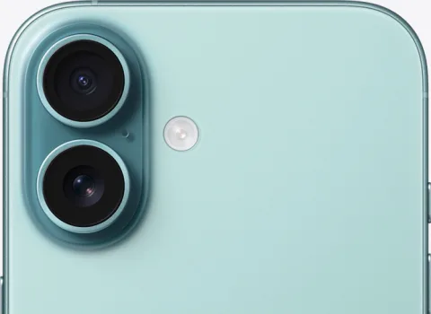 iPhone 16 in Teal, rear camera detail angle