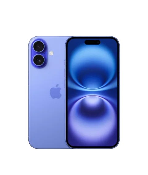 Apple iPhone 16 in Ultramarine, front and back view