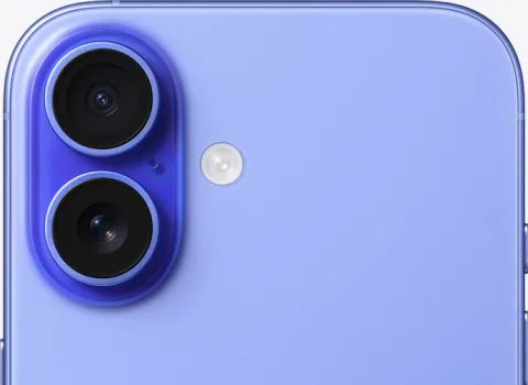 iPhone 16 in Ultramarine, rear camera detail angle
