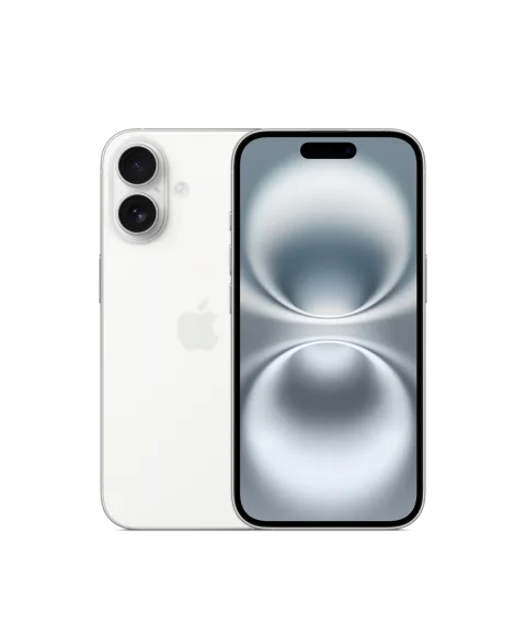 Apple iPhone 16 in White, front and back view